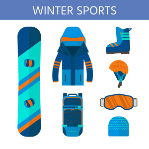 冬季运动图标收藏。 滑雪和滑雪板设置设备隔离在白色背景上的平面风格设计。 滑雪胜地图片山活动矢量插图元素。