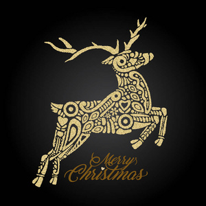 跳跃的森林或北部鹿的金黄剪影在黑色背景和充满装饰样式与标志快活的