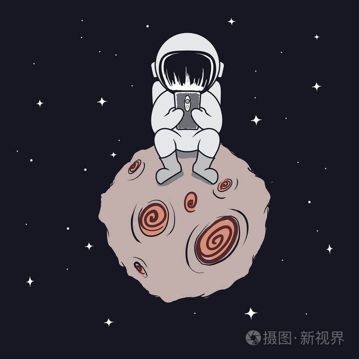 太空人坐在月球上看手机打印矢量