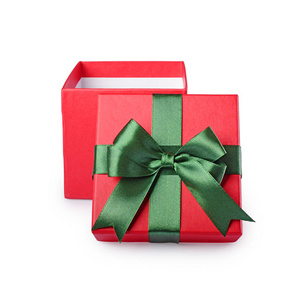 经典开放式红色礼品盒, 带绿色缎弓