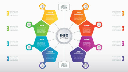 矢量信息图。 商业技术或教育过程的基本组成部分。 有选择的商业概念。 圆图图或演示文稿的Web模板。 报告的一部分