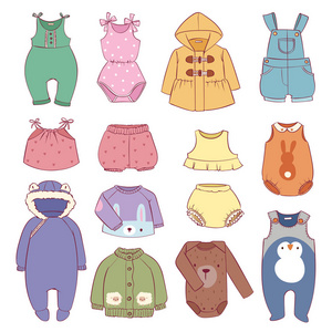 儿童季节性婴儿服装套装幼稚时尚婴幼儿幼稚布矢量插图照片