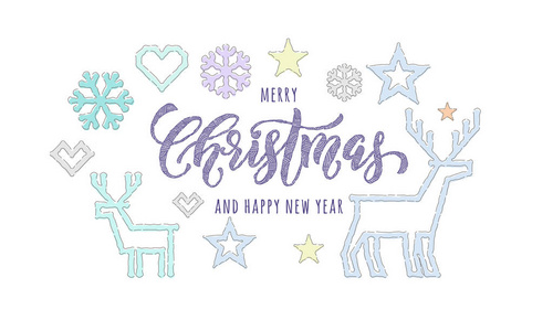 圣诞快乐, 新年幸福针织书法字体装饰为节日贺卡设计。矢量圣诞鹿, 雪花和星星装饰绣图案白色背景