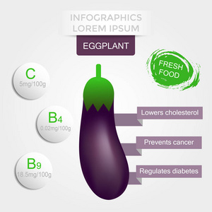 健康蔬菜信息图表与茄子维生素和矿物质。 关于素食和营养概念的饮食生态食品效益的质量矢量插图。