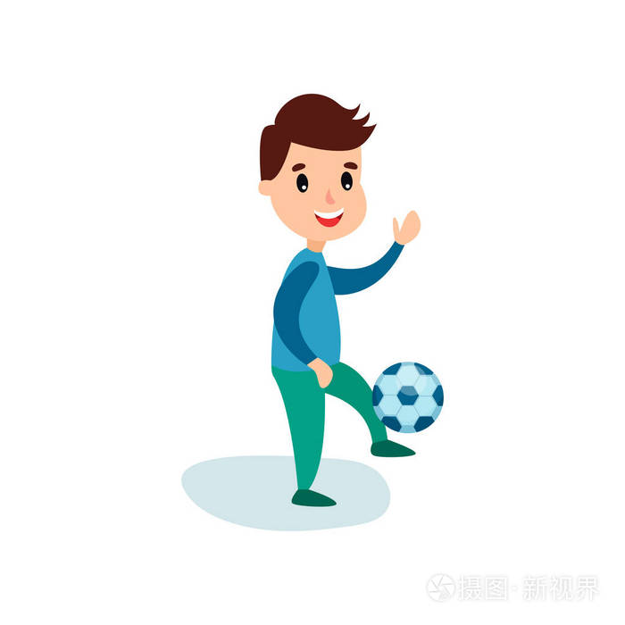 微笑的小男孩字符踢足球, 孩子体育活动卡通矢量插画