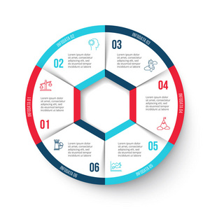 矢量圆元素分布图。用于循环图 图 演示文稿和圆图的模板。经营理念与 6 选项 零件 步骤或过程。抽象背景
