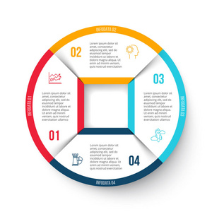 矢量圆元素分布图。用于循环图 图 演示文稿和圆图的模板。经营理念与 4 选项 零件 步骤或过程。抽象背景