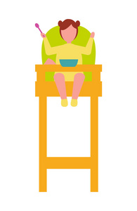 婴孩坐在高椅子用匙子在手