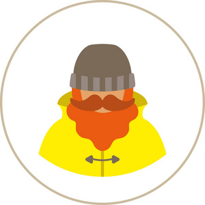 渔夫水手平图像一个留胡子的男人，穿着雨衣雨靴和针织帽。 图片卡片海报横幅网页设计模板