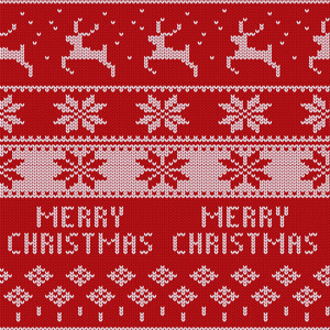 针织圣诞毛衣图案与鹿, 冷杉树, 雪花。冬季面料背景