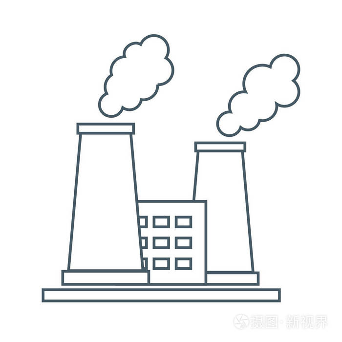 程式化的炼油厂与吸烟的烟囱图标插画