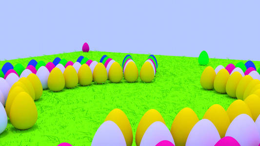 站在绿草上的复活节彩蛋的三维渲染