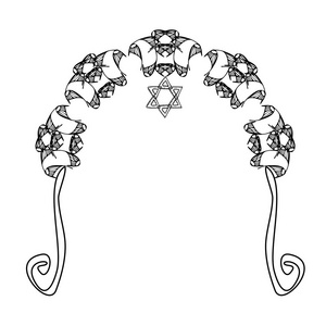 老式的图形棚。宗教的犹太犹太婚礼拱。新娘和新郎华盖下。对孤立背景矢量图