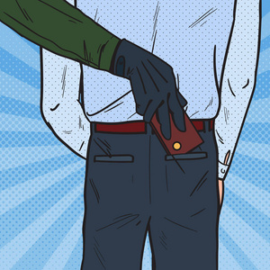 流行艺术小偷从男人口袋里偷钱包.扒手盗窃矢量插图照片