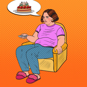 流行艺术的胖女人看电视遥控器和梦想的甜食物。不健康的饮食。矢量插图