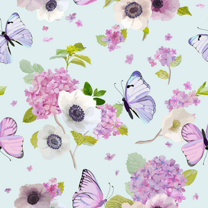 与盛开的绣球花和飞舞的蝴蝶在水彩风格无缝模式。大自然的美。面料, 纺织品, 印刷品和请柬的背景。矢量插图