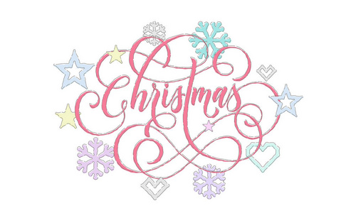 节日贺卡设计的圣诞刺绣字体和针织装饰。矢量圣诞书法文本, 鹿或雪花和明星装饰针织在白色的新年背景