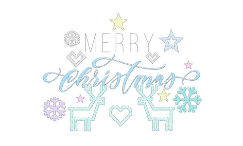 圣诞快乐书法字体和刺绣装饰为节日贺卡设计。矢量圣诞鹿, 雪花和明星装饰针织图案白色新年背景