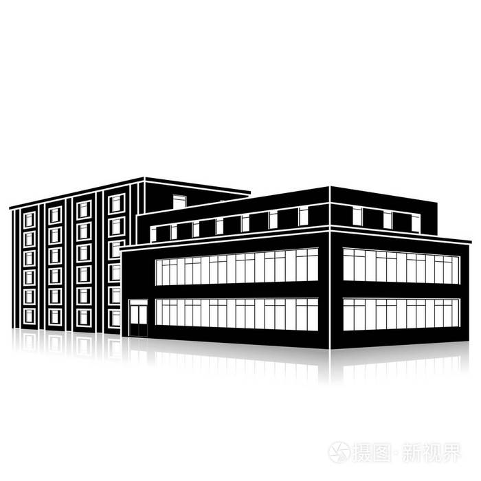 剪影的办公大楼的入口处和反射