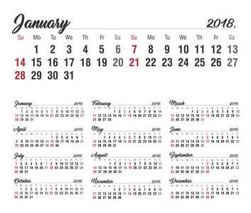 日历。 2018年日历。 矢量打印模板。