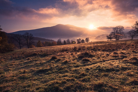 Bieszczady 喀尔巴阡山晨雾中的日出