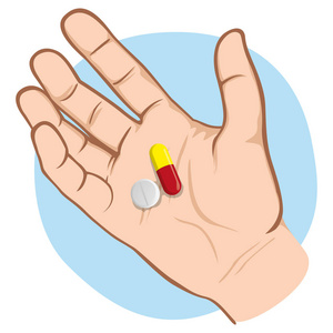 插图描绘了一个开放的人手与药物在样本白种人的手掌。 理想的机构和医疗材料目录