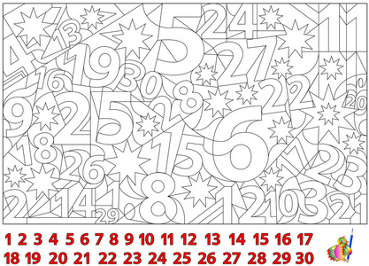 找到隐藏在图片中的数字并涂上它们. 儿童和成人工作表页面.