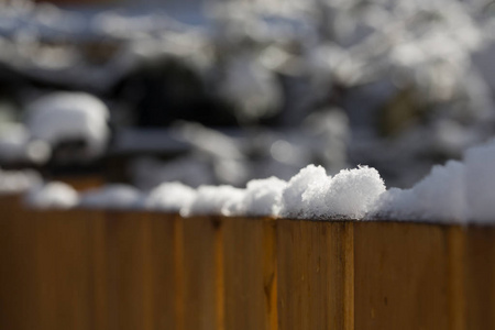 后院雪松栅栏上的阳光雪