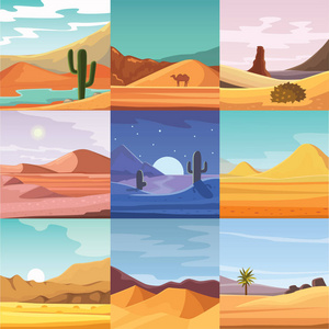沙漠山脉砂岩荒野景观背景干燥下太阳热沙丘风光旅游矢量插画