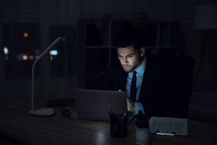 一个人正坐在黑暗办公室的手提电脑上。穿西装的人工作