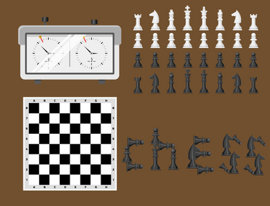 国际象棋板与棋子休闲概念骑士组黑白棋子竞赛矢量插图
