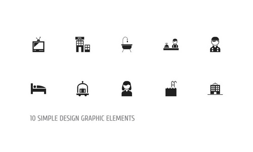 10可编辑的广场图标集。包括的标志, 如手推车, 入住, 宿舍等。可用于 Web移动Ui 和信息设计