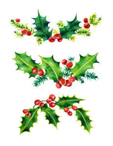 圣诞冬青套装。 冬青叶和红色浆果。 水彩插图孤立在白色背景上。
