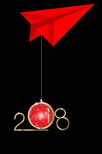 2018快乐的新年与金色的质感和红色的圣诞球和红纸飞机, 矢量孤立或黑色背景, 日历和问候卡或圣诞主题邀请元素
