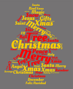 圣诞树形状的云与印刷字拼贴红色和黄色的灰色背景。 圣诞节概念