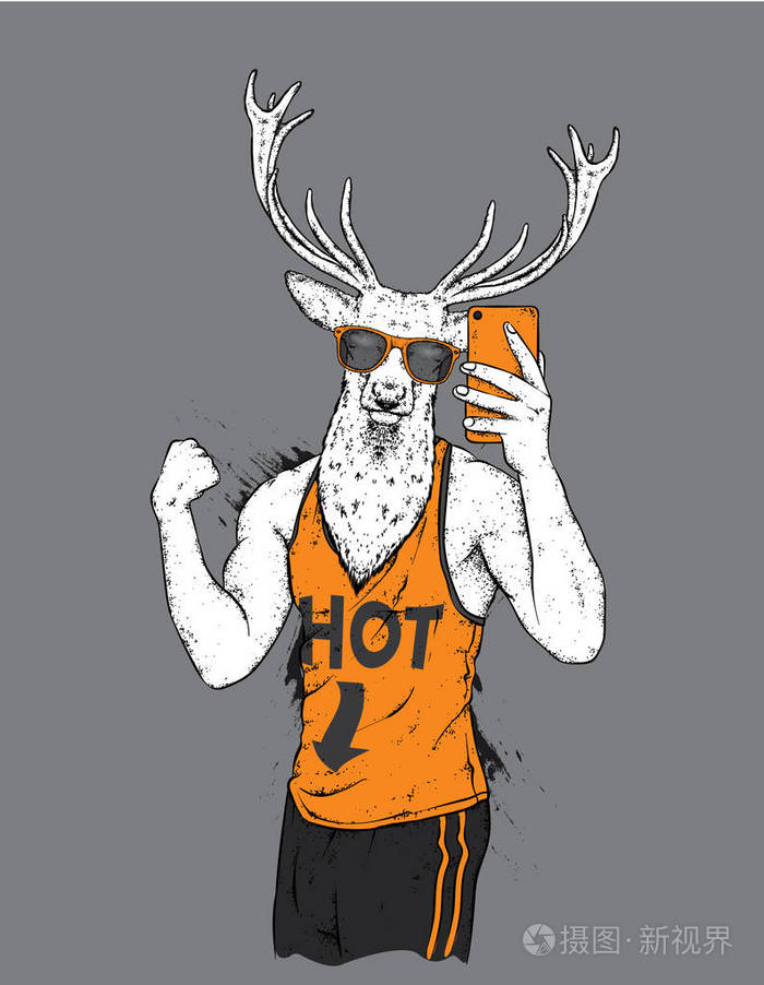 一只鹿有一个美丽的雄性身体那个运动男拉着他的二头肌自拍明信片或