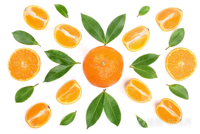 橙色或橘色的薄荷叶在白色背景下被隔离。平躺, 顶部视图。水果成分