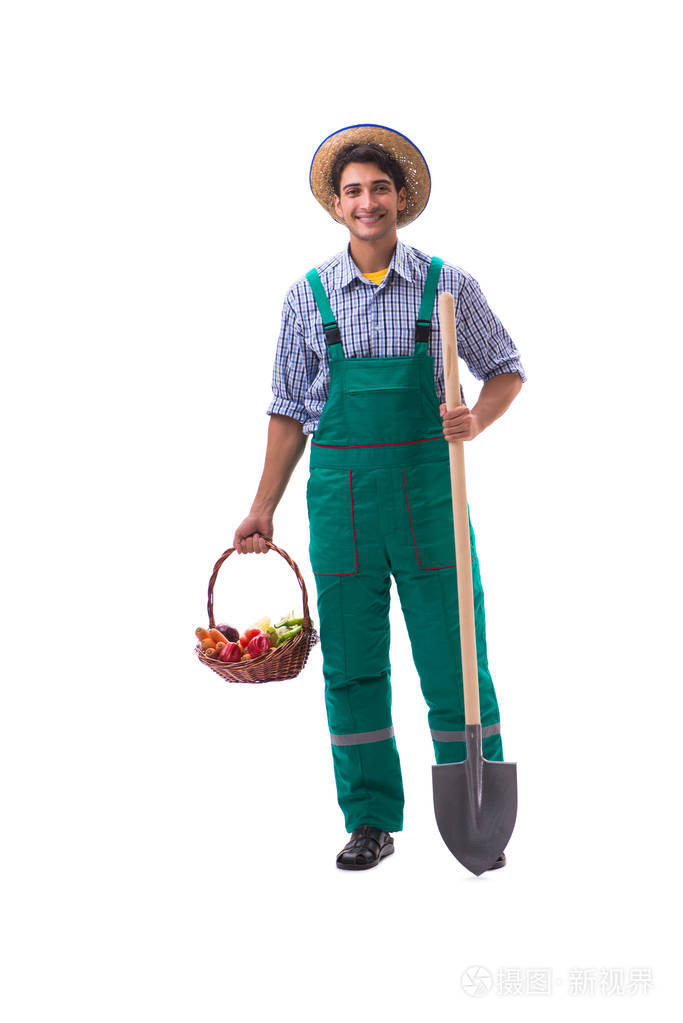 在白色的背景分离的年轻农夫