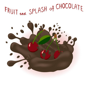 矢量图标插图标志为整个成熟的水果红色浆果樱桃，溅落巧克力。樱桃图案由飞溅滴流液体巧克力组成。在巧克力中吃甜水果樱桃
