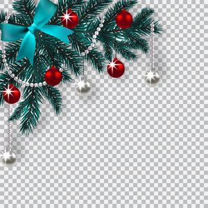 新年圣诞节。带有阴影的玩具的一棵圣诞树的蓝色树枝。转角图。蓝洋葱, 银色和红色的球在格子的背景。图