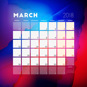 2018年3月。具有抽象背景的日历规划器设计模板。本周开始于星期一