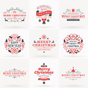 快乐的圣诞节和新年装饰徽章问候一套卡或邀请。在红色和灰色颜色矢量图