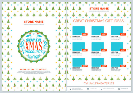 圣诞节销售目录设计。商务传单模板。复古徽章与冬天背景