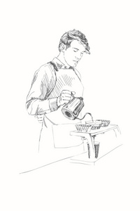 年轻的咖啡男铅笔样式的矢量插图。一个人在咖啡吧的线形素描。咖啡的概念。餐厅理念