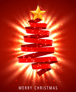 红色背景的红丝带做成的圣诞树。新年和圣诞贺卡或聚会请柬