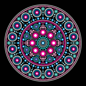 曼达拉矢量圆点绘画风格土著民间艺术澳大利亚传统民族设计抽象曼达拉以圆点圆圈为灵感来自澳大利亚传统土著艺术的几何构图，黑色背景为粉