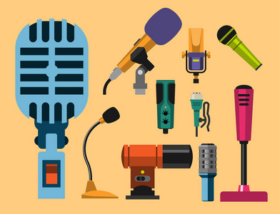 不同的麦克风类型图标记者矢量采访音乐广播声乐工具电视工具