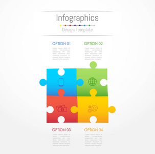 信息为您的业务数据设计元素, 其中包括4选项部件步骤时间线或流程。拼图概念, 矢量插图