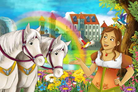 卡通场景中有一对漂亮的马溪流彩虹和宫殿，背景是年轻女孩的女巫正在为孩子们施放咒语插图