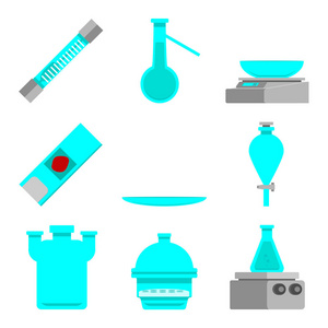 科学的实验室材料和工具。 平面设计理念。 矢量图。 观察玻璃干燥器狼瓶分离漏斗加热板玻璃板数字平衡蒸馏瓶气表管。